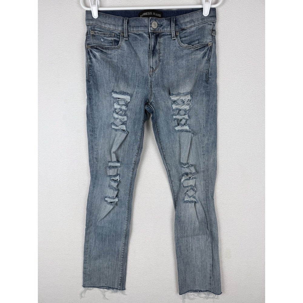 Express Jeans Skinny Leg Womens 8R Blue Distressed Ripped Raw Hem Denim